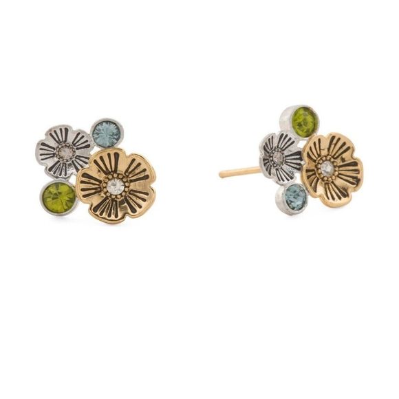 Coach Organic Tea Rose Stud Earrings Crystal Gold Silver Tone - Picture 1 of 4